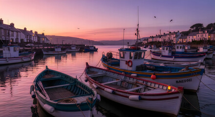 Fototapeta premium Fishing boats moored in a calm harbor at sunset with a purple sky