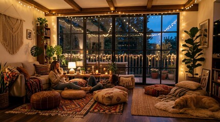 Fototapeta na wymiar Two women relaxing with red wine in a cozy living room at night with golden fairy lights