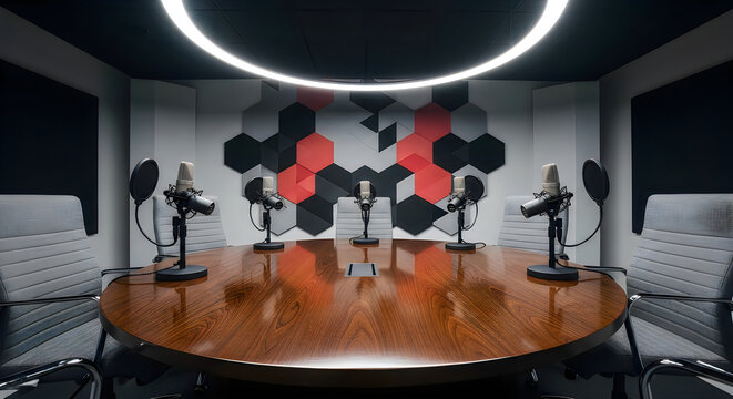 Modern podcast studio with circular lighting and microphones