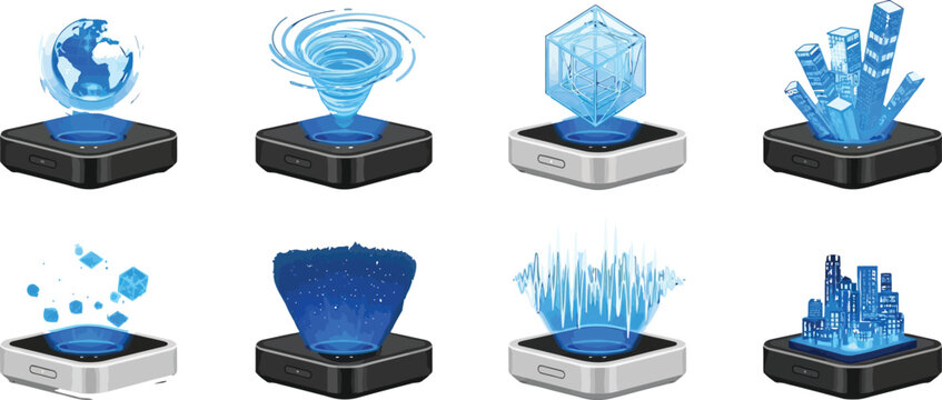 Collection of futuristic holographic projections representing data technology and science concepts isolated on white background