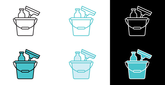 Cleaning supplies in bucket icon for home chores and spring cleaning in line and fill style