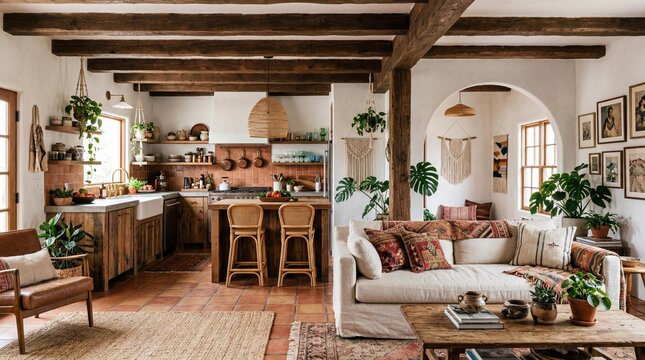 Beautiful open concept kitchen and living room interior with rustic mediterranean style, wooden beams, and terracotta tiles