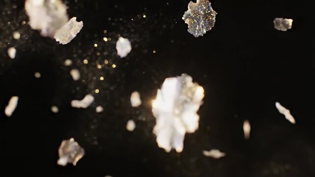 Microscopic view of dandruff flakes against a black background