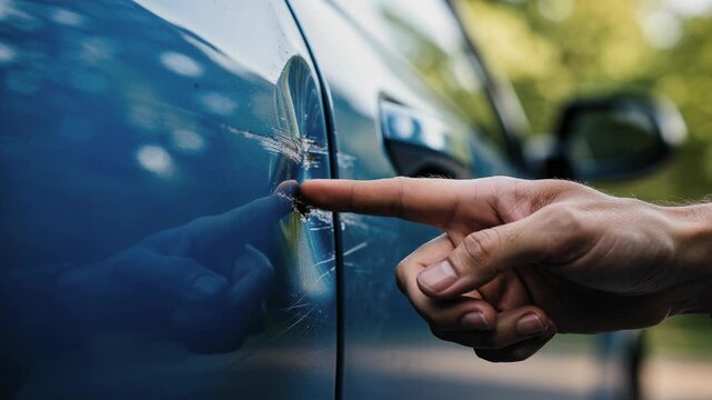 Close up of a hand pointing at deep scratches and dents on blue car door exterior in outdoor setting