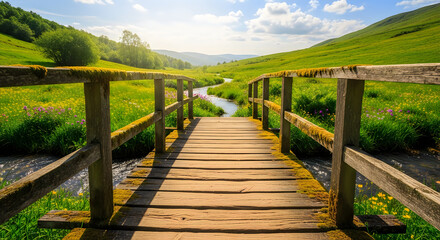 Obraz premium Wooden bridge over a small stream in a lush green meadow with wildflowers