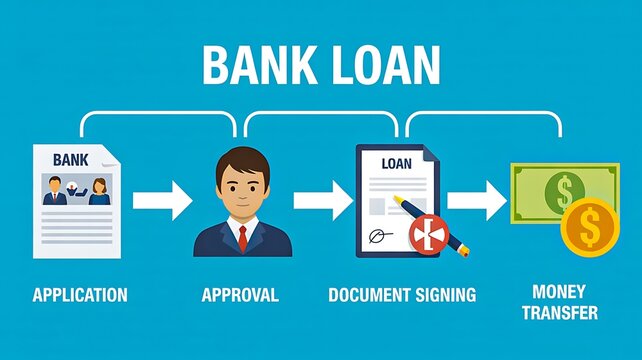 Bank loan process steps from application approval document signing to money transfer illustration 