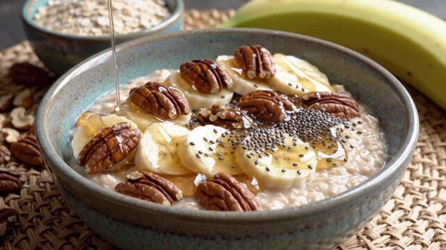 Fresh organic oatmeal bowl with sliced bananas and pecans being drizzled with sweet golden honey in this slow motion video