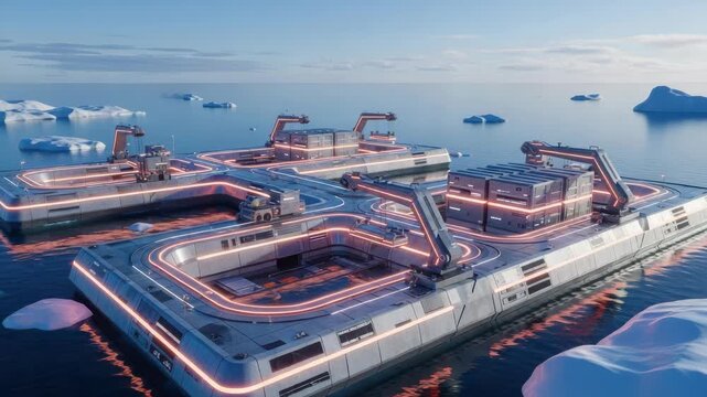 Floating structures with illuminated outlines in open water