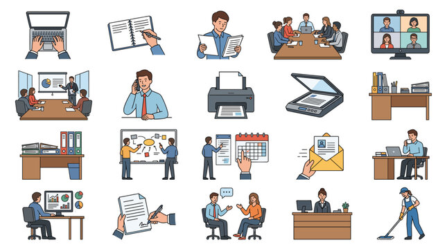 Office equipment and business activity characters set with meetings, printing, presentations, desks and workplace tasks in simple cartoon style isolated on white