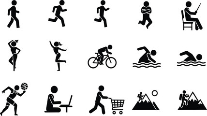 Obraz premium Collection of black and white vector icons representing various human activities lifestyle sports leisure work shopping