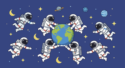 Astronauts holding planet Earth in outer space surrounded by stars and moons. © Ndog