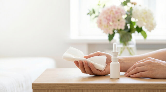 Hands holding tissue and allergy spray during spring pollen season