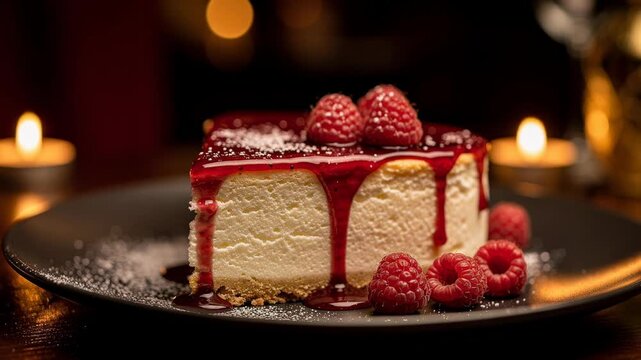 Delicious creamy cheesecake with fresh raspberries and berry sauce on a black plate with candlelight ambiance