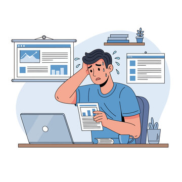 Stressed male office worker sweating and looking anxious while holding a document at a desk with a laptop, background featuring financial charts and data visualization graphics.