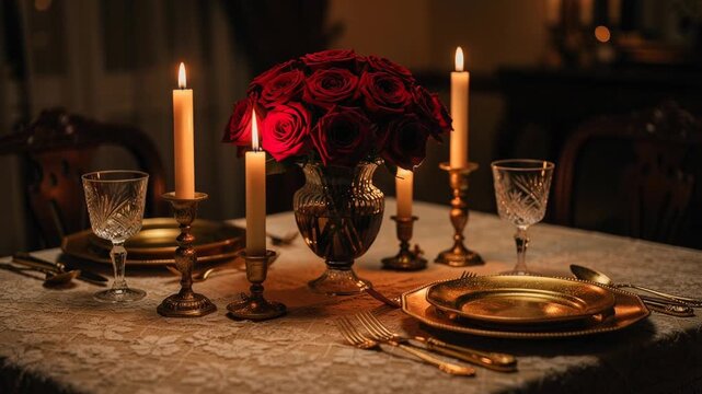Romantic elegant dinner table setup with red roses candles and golden plates for special occasions