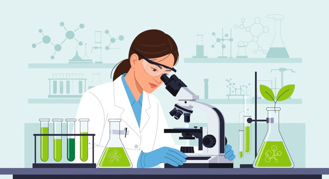 Female scientist examining plant sample under microscope in laboratory