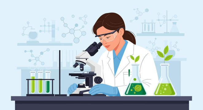 Female scientist examining plant samples in laboratory setting