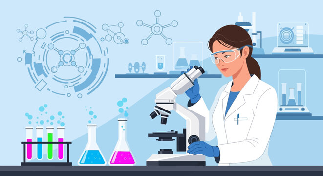 Female scientist examining samples under a microscope in laboratory