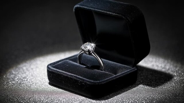 Elegant sparkling diamond engagement ring in black velvet jewelry box with dramatic lighting