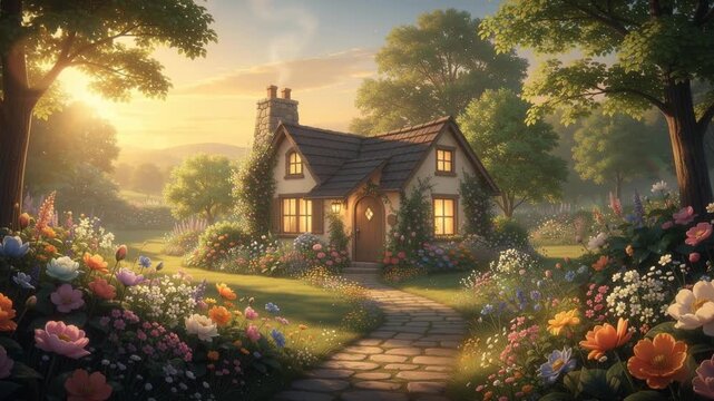 Cozy cottage surrounded by colorful flowers and lush garden in warm sunset light