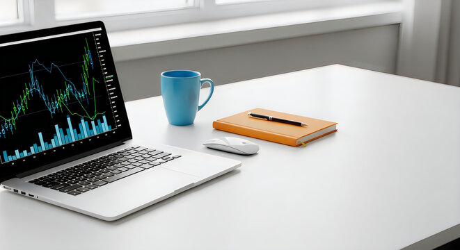 Laptop with financial stock market charts on screen next to a coffee mug and notebook on a white desk