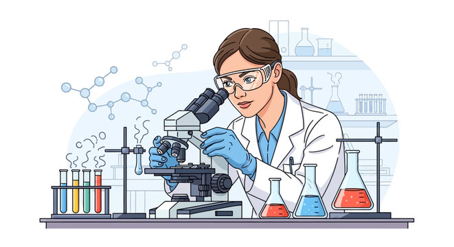 Female scientist examining sample under microscope in laboratory