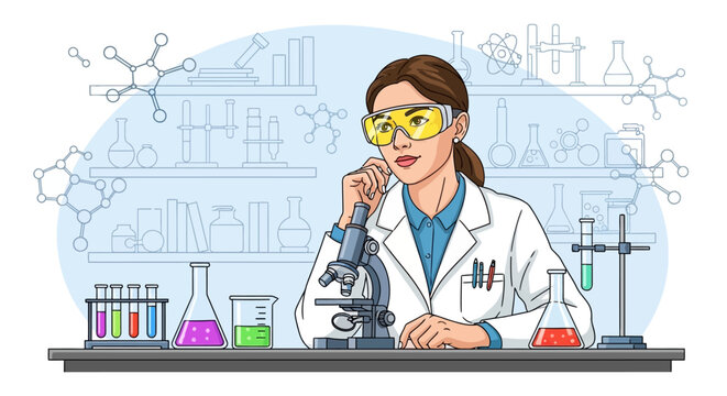 Female scientist in lab coat using microscope with colorful chemicals