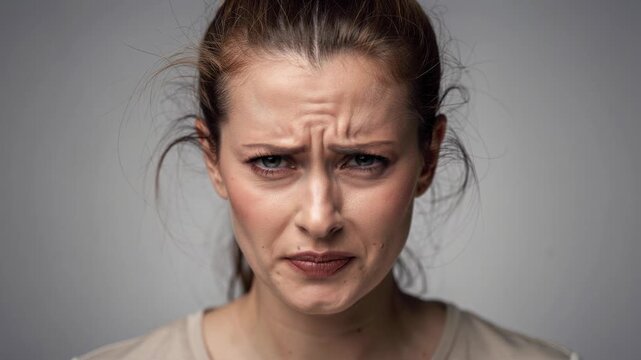 Close up of young woman showing confused and frustrated facial expression with furrowed brows