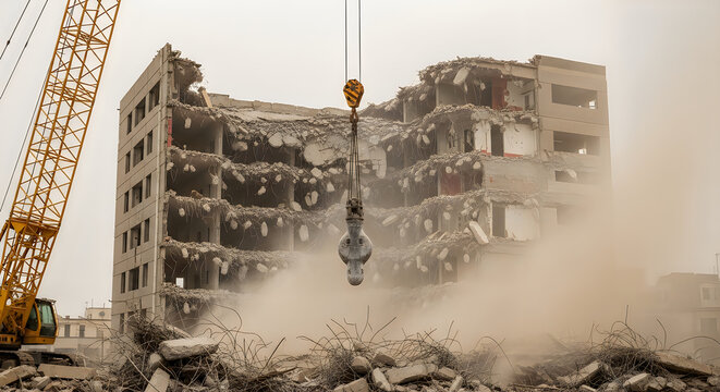 Demolition of a multistory concrete building using a crane with a wrecking ball in a dusty construction site