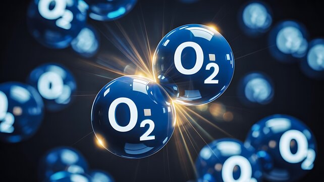Oxygen molecule spheres connected in futuristic scientific visualization with medical and chemistry concept