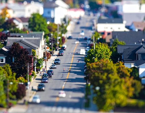 Suburban Street with Tilt-Shift Effect on a Sunny Day.