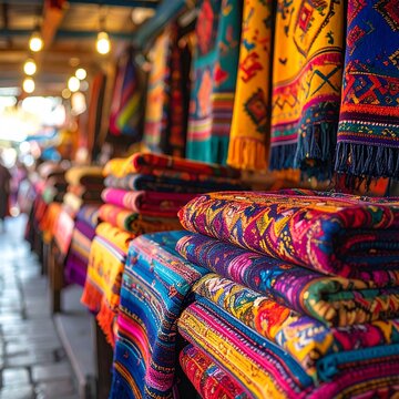 Vibrant Peruvian Textiles and Handicrafts at a Local Market Stall.