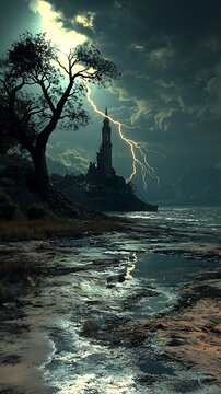 Dramatic seaside vista with striking lightning illuminating an archaic tower