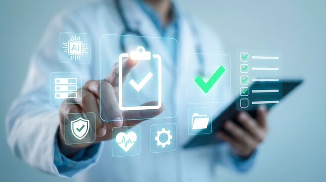 A doctor in a white coat interactively touches a glowing holographic checklist with a green checkmark, surrounded by diverse medical and health data icons.