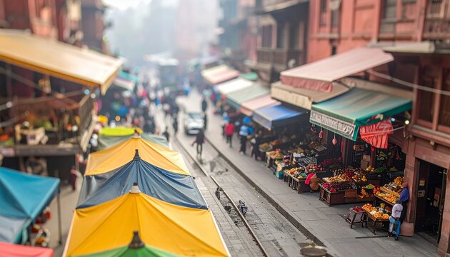 Vibrant outdoor market scene with colorful stalls and bustling activity.