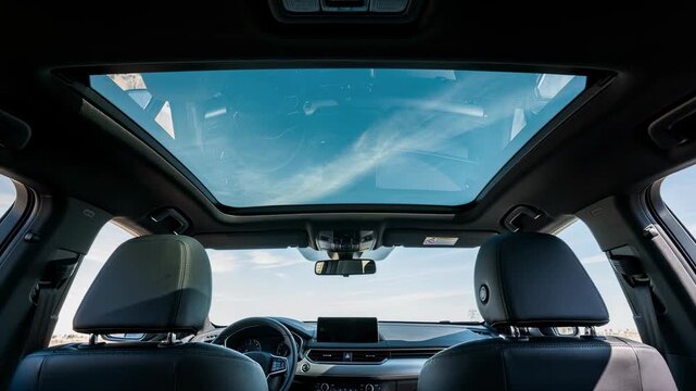 Interior view of modern car with panoramic sunroof and black leather seats under blue sky