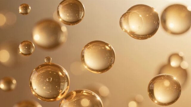 Golden liquid bubbles floating in warm light abstract background for beauty and skincare concepts