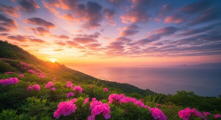 Fototapeta premium Vibrant sunset over ocean with blooming pink flowers on hillside