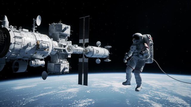 Astronaut floating near space station orbiting Earth with starry background and blue planet surface