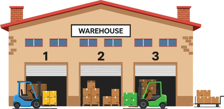 Warehouse Building Vector Illustration with Loading Docks, Forklifts and Cargo Boxes for Logistics, Storage, Distribution and Industrial Operations Design