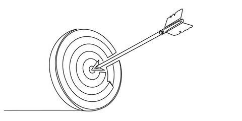 A single continuous line drawing of an arrow hitting the center of a circular target bullseye © Purnima