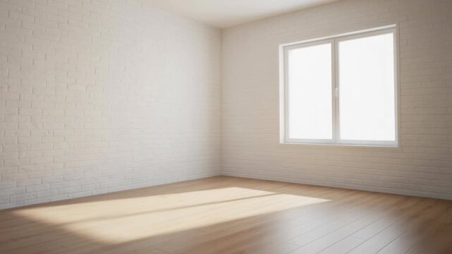 Empty bright room with white brick walls and wooden floor illuminated by natural window light