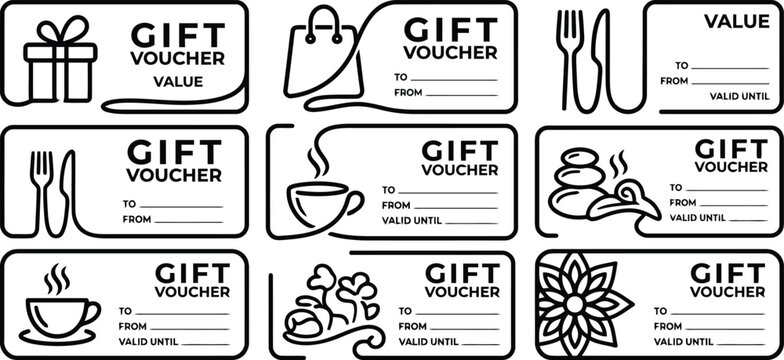 Set of nine vector gift voucher templates with various icons including gift box, shopping bag, cutlery, coffee cup, spa stones, and floral designs