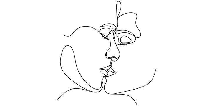 Minimalist continuous line art drawing depicting an intimate moment between two lovers kissing