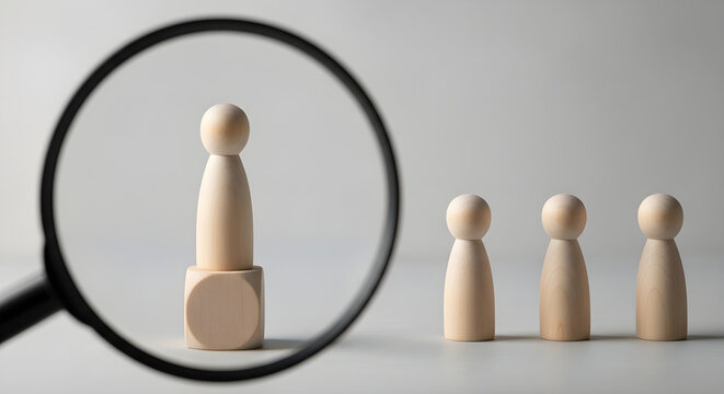 A magnifying glass focuses on a single wooden figure among three others on a table.