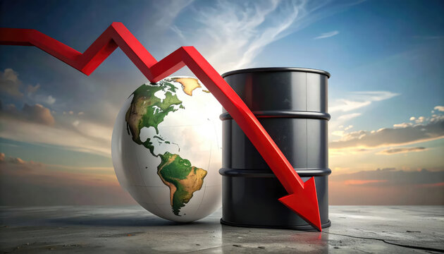 Oil barrel and the earth with the red arrow which means the decreasing of oil prices