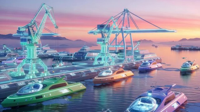 Modern harbor scene with futuristic vessels at sunset
