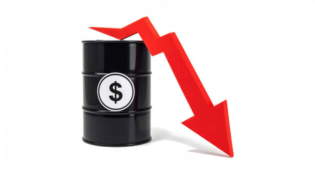 Oil barrel and Red arrow illustrating decreasing prices or financial losses. The image features a black oil barrel with a dollar sign symbol accompanied by a prominent downward-pointing red arrow.
