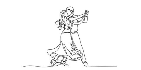 Fototapeta premium A continuous line drawing depicting an elegant couple dancing together in a romantic ballroom style