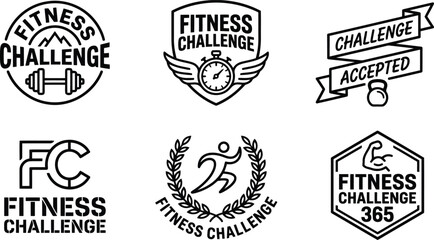 Fototapeta premium Set of six black and white fitness challenge logos and emblems